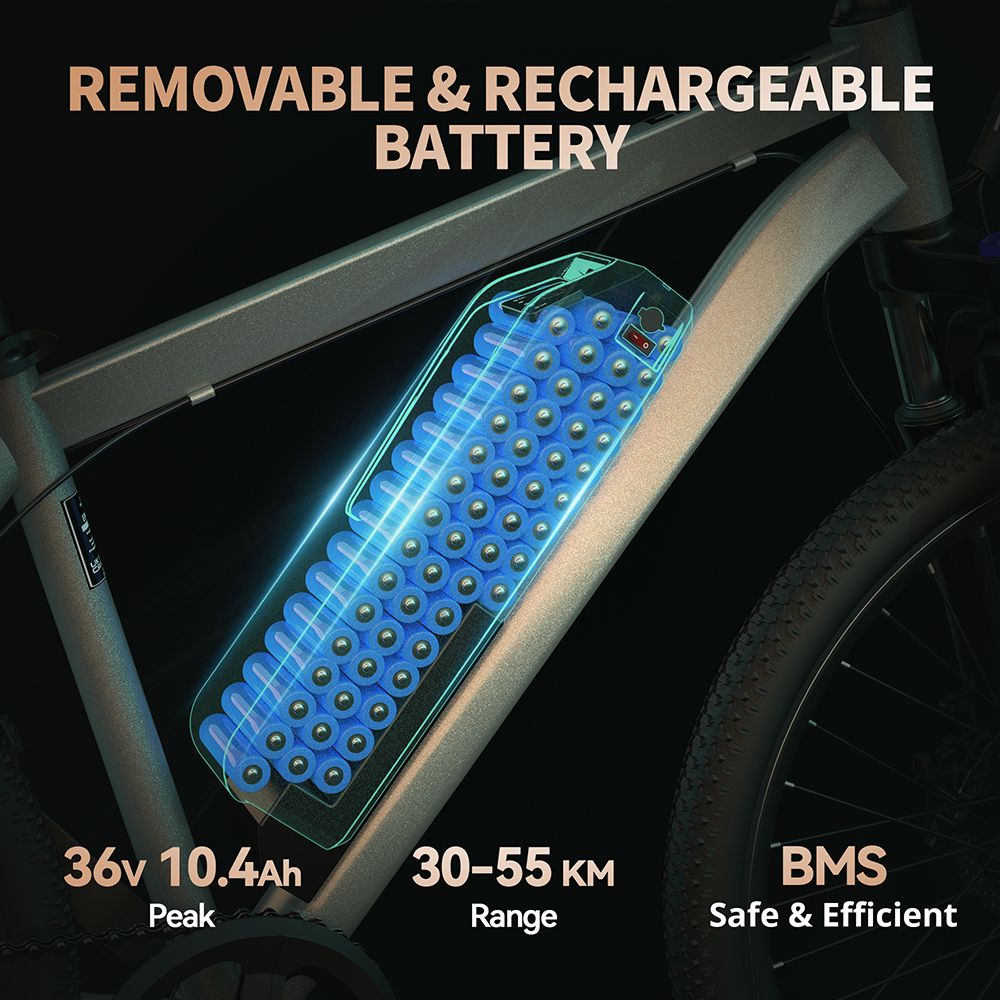 ESKUTE M100 Electric Bike, 250W Brushless Motor, 36V 10.4Ah Removable Battery, 27.5*1.95'' pneumatiky, max. rýchlosť 25 km/h, dojazd 30-55 km, kotúčové brzdy, 7-rýchlostná prevodovka SHIMANO, predné odpruženie - čierna