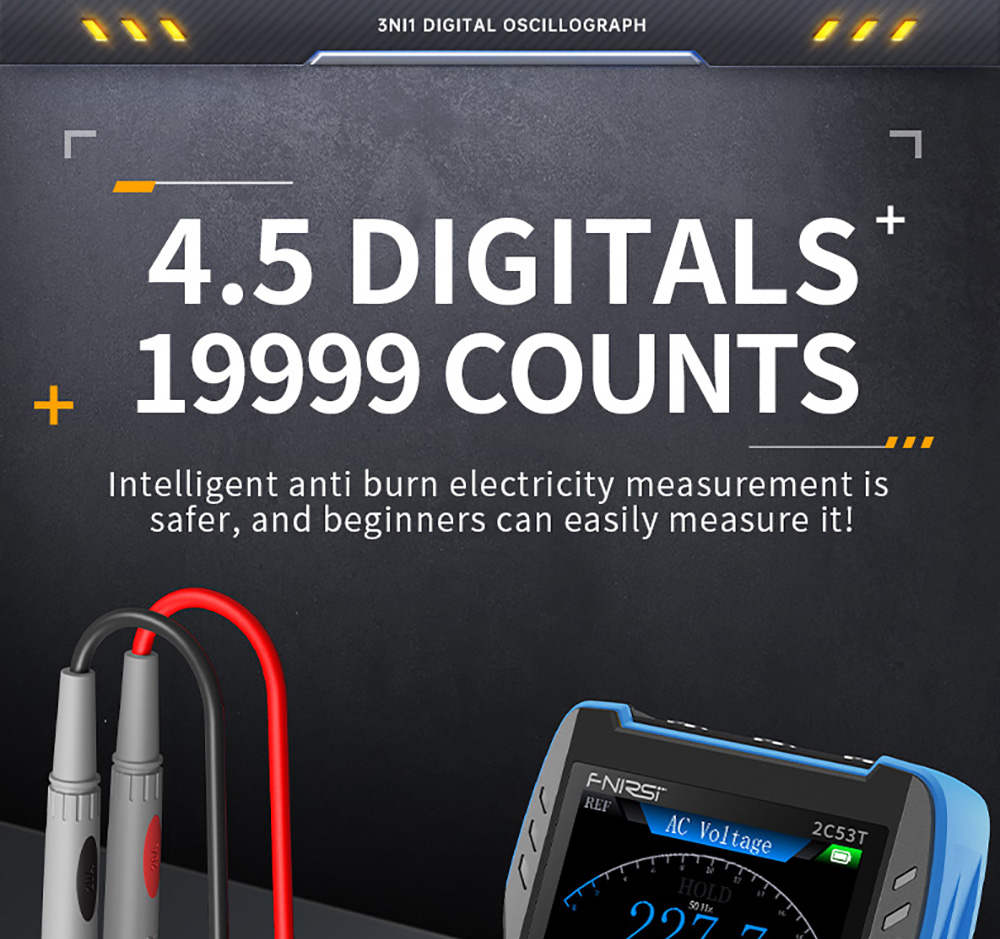 FNIRSI 2C53T 3in1 Oscilloscope Multimeter, Signal Generator, Dual Channel 50MHz Bandwidth, 250MS/s Sampling Rate, 19999 Counts, Voltage, Current, Capacitor, Resistor, Diode Test - Premium Version