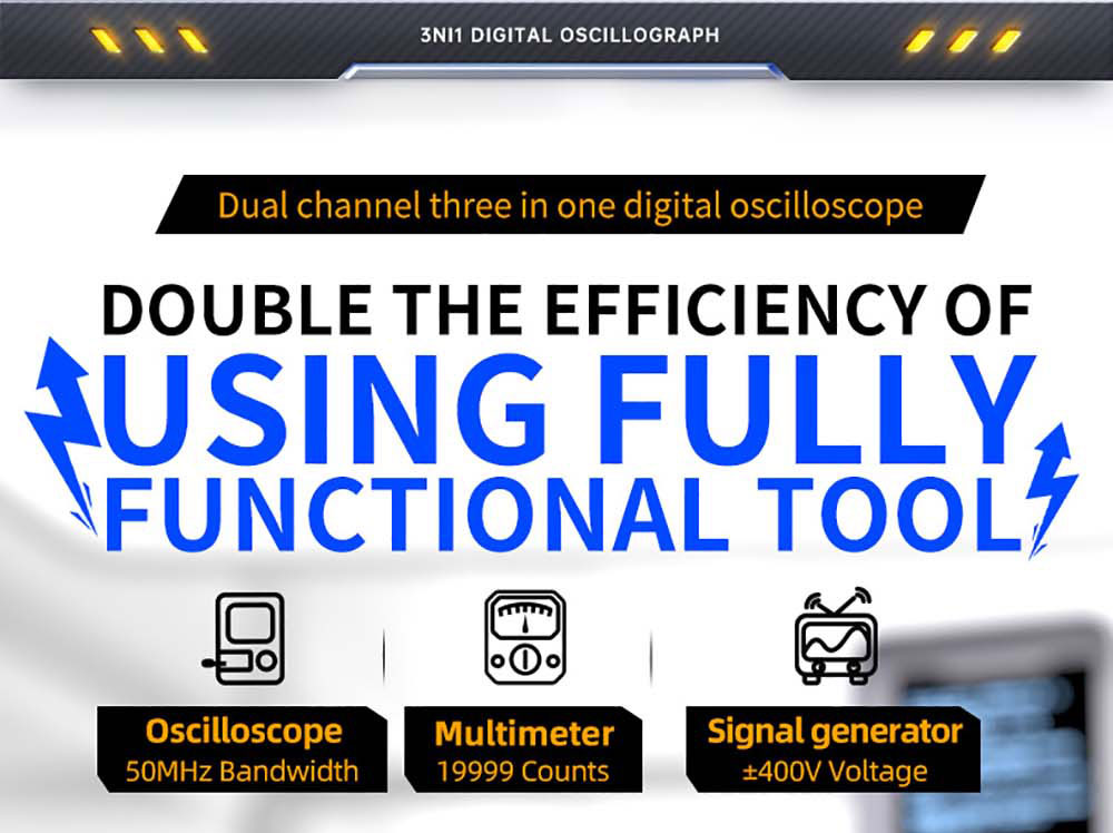 FNIRSI 2C53T 3in1 Oscilloscope Multimeter, Signal Generator, Dual Channel 50MHz Bandwidth, 250MS/s Sampling Rate, 19999 Counts, Voltage, Current, Capacitor, Resistor, Diode Test - Premium Version