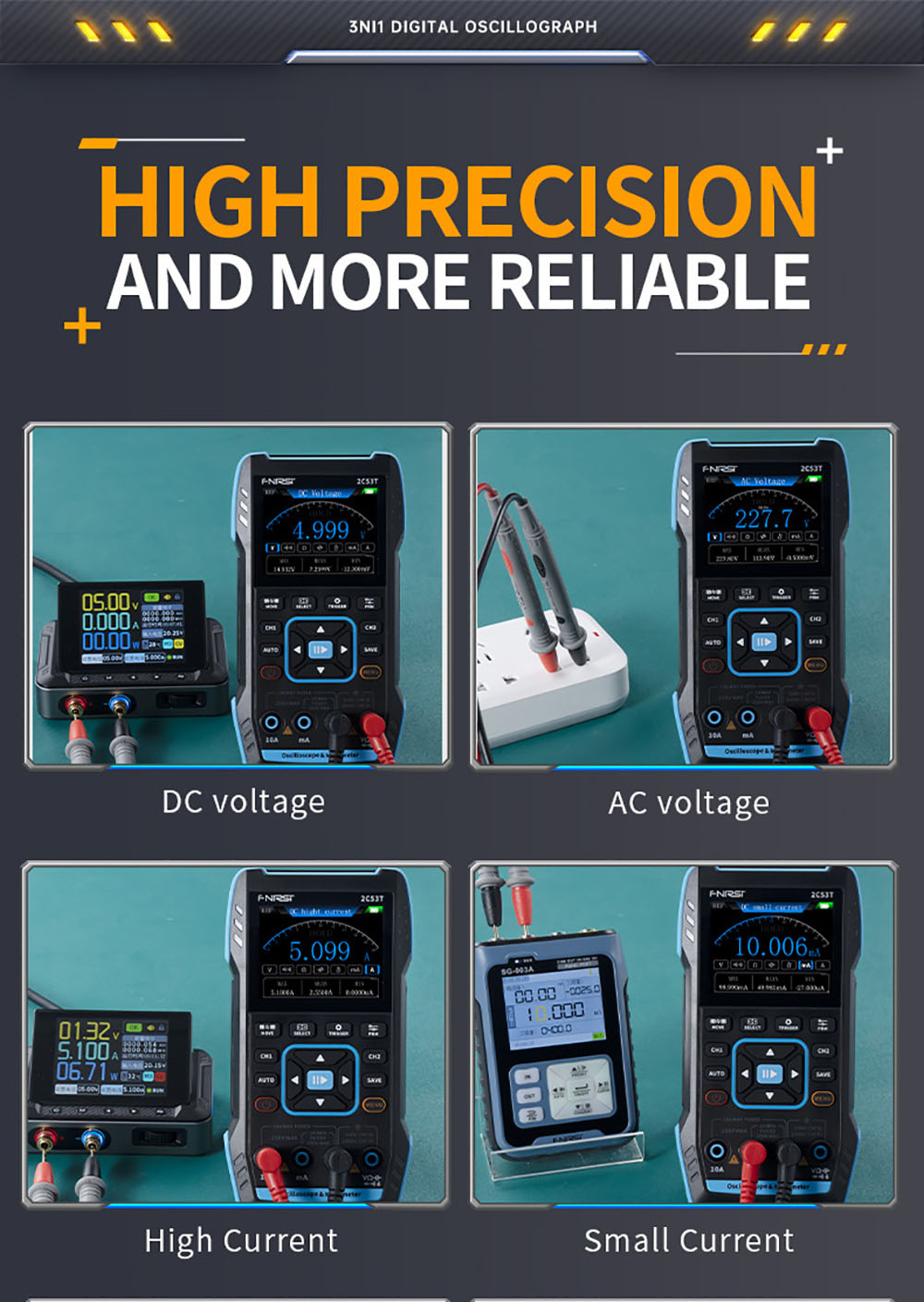 FNIRSI 2C53T 3in1 Oscilloscope Multimeter, Signal Generator, Dual Channel 50MHz Bandwidth, 250MS/s Sampling Rate, 19999 Counts, Voltage, Current, Capacitor, Resistor, Diode Test - Premium Version