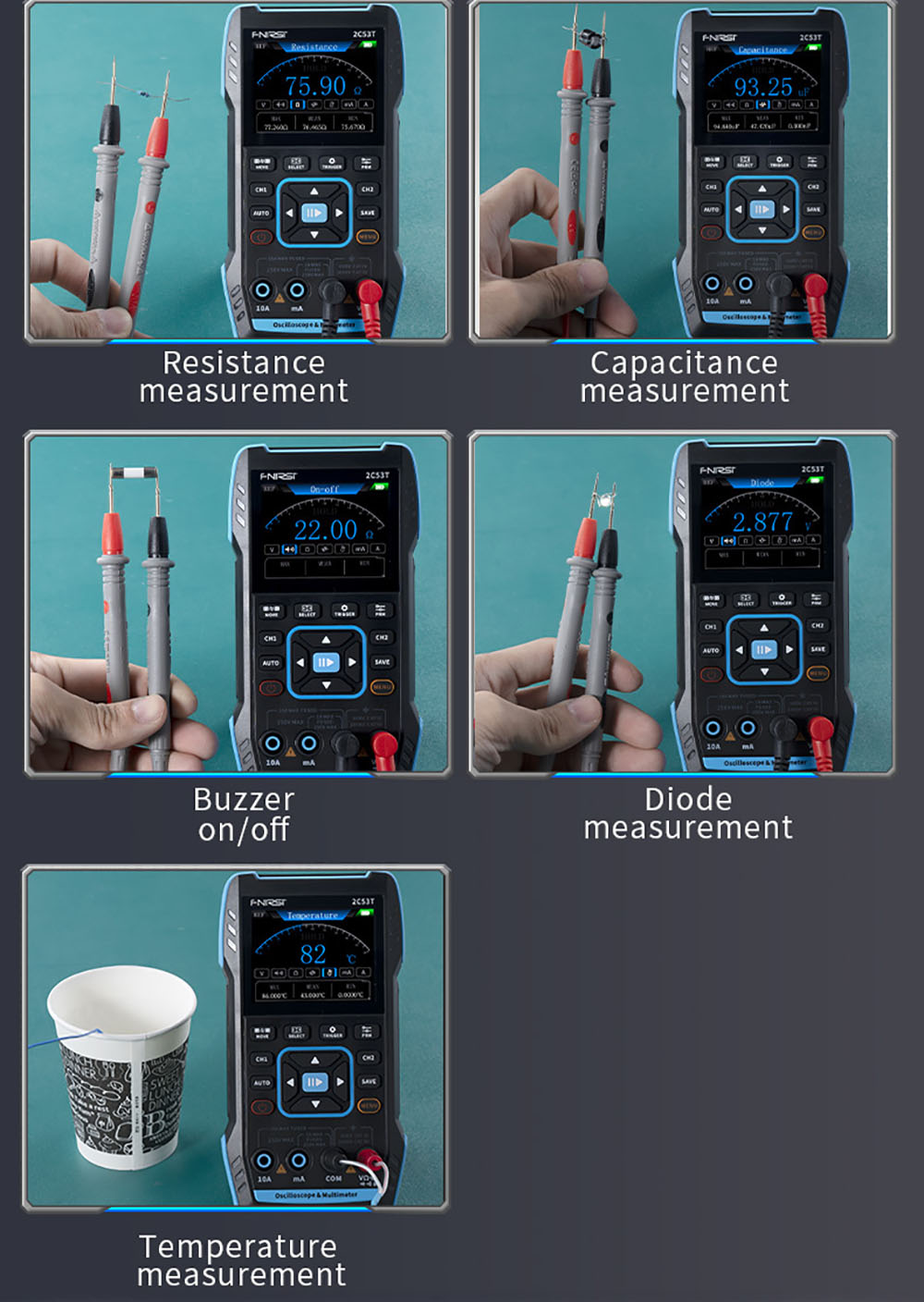 FNIRSI 2C53T 3in1 Oscilloscope Multimeter, Signal Generator, Dual Channel 50MHz Bandwidth, 250MS/s Sampling Rate, 19999 Counts, Voltage, Current, Capacitor, Resistor, Diode Test - Premium Version