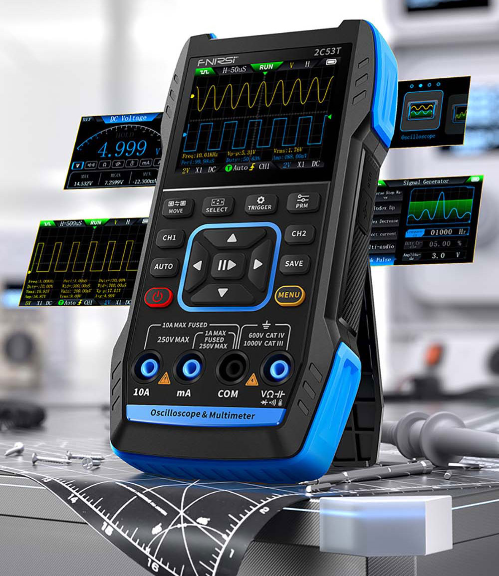 FNIRSI 2C53T 3in1 Oscilloscope Multimeter, Signal Generator, Dual Channel 50MHz Bandwidth, 250MS/s Sampling Rate, 19999 Counts, Voltage, Current, Capacitor, Resistor, Diode Test - Premium Version