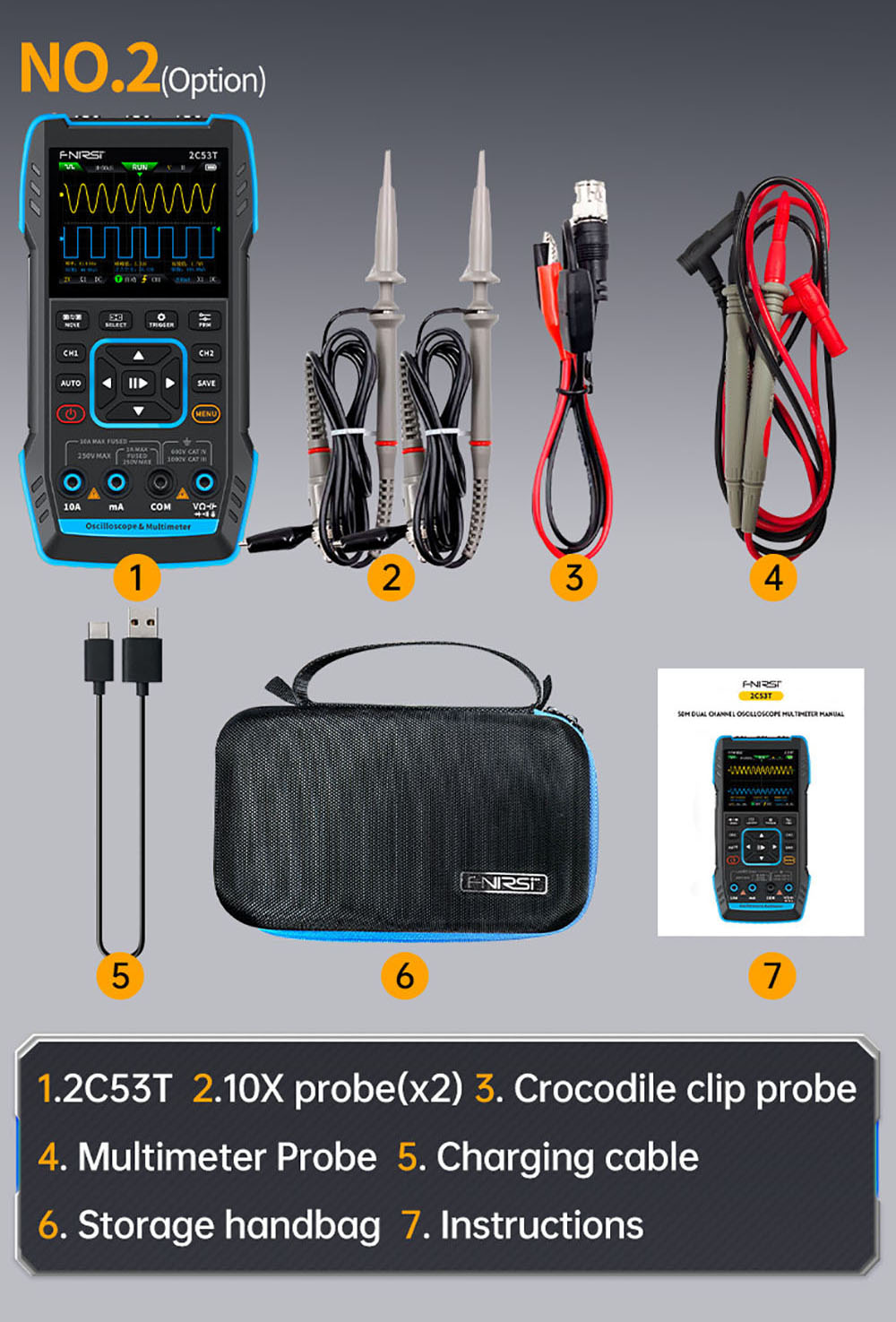FNIRSI 2C53T 3in1 Oscilloscope Multimeter, Signal Generator, Dual Channel 50MHz Bandwidth, 250MS/s Sampling Rate, 19999 Counts, Voltage, Current, Capacitor, Resistor, Diode Test - Premium Version