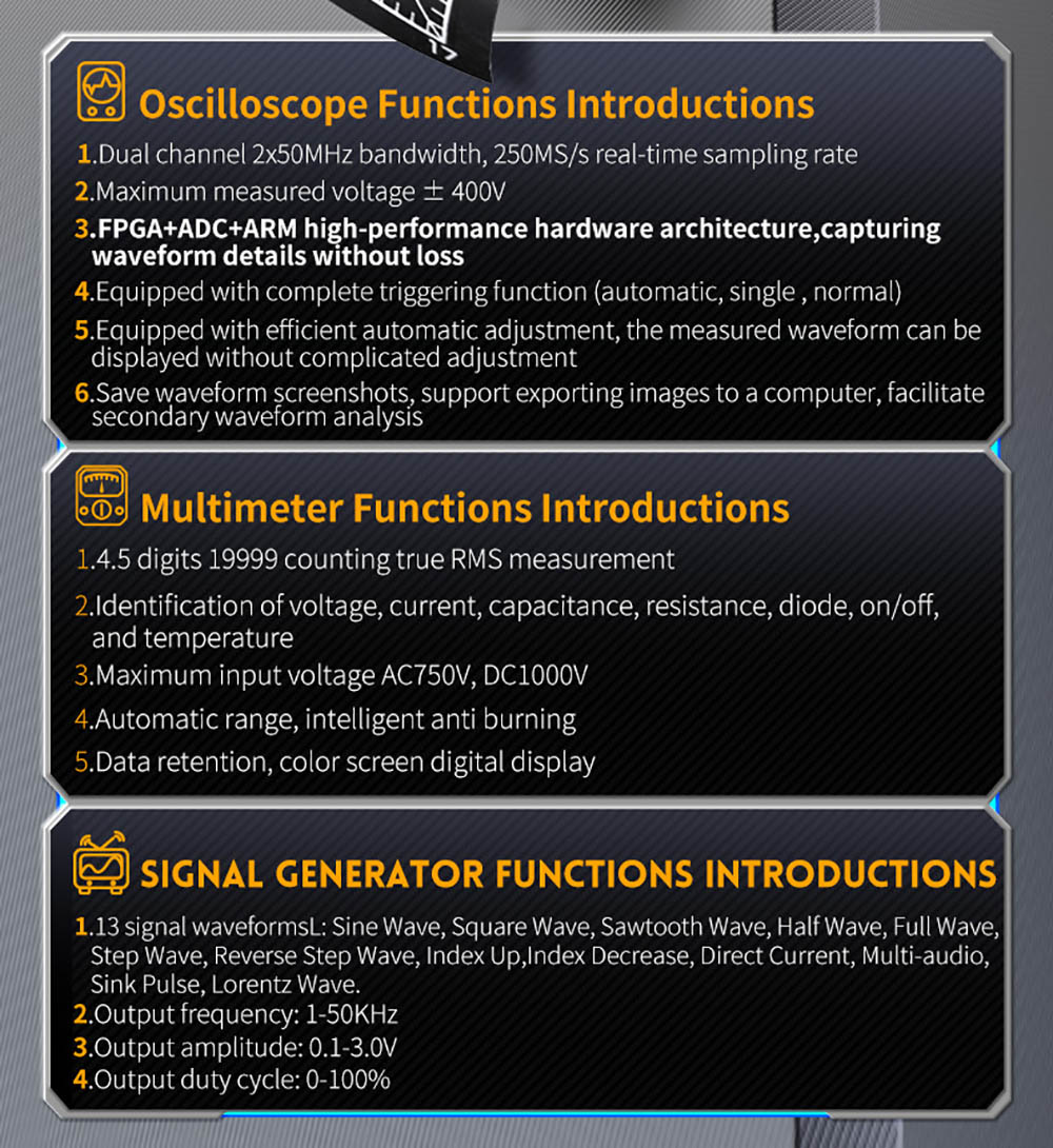 FNIRSI 2C53T 3in1 Oscilloscope Multimeter, Signal Generator, Dual Channel 50MHz Bandwidth, 250MS/s Sampling Rate, 19999 Counts, Voltage, Current, Capacitor, Resistor, Diode Test - Premium Version