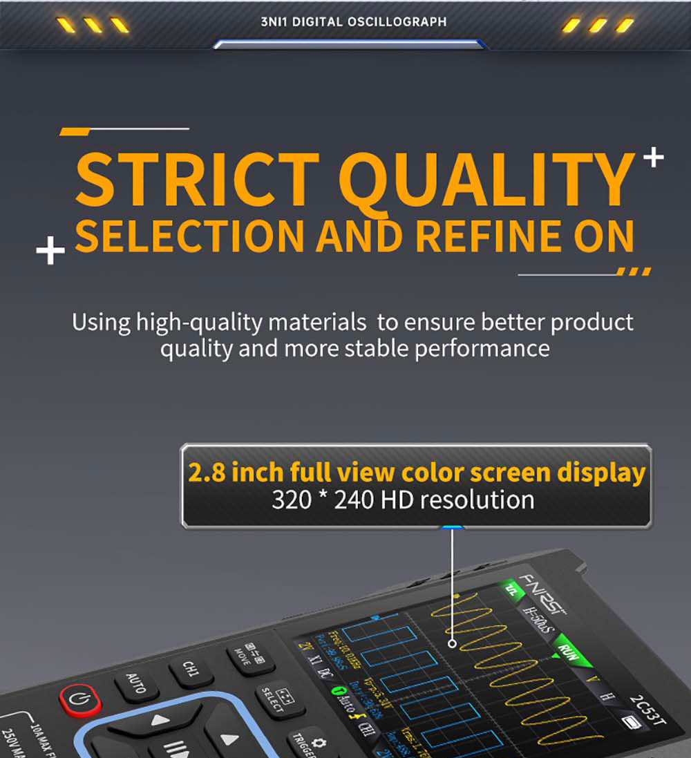 FNIRSI 2C53T 3in1 Oscilloscope Multimeter, Signal Generator, Dual Channel 50MHz Bandwidth, 250MS/s Sampling Rate, 19999 Counts, Voltage, Current, Capacitor, Resistor, Diode Test - Premium Version