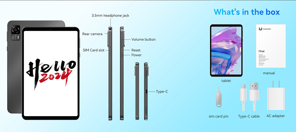 Headwolf FPad5 Android 14 Tablet, 8.4-inch 1920*1200 IPS Screen, Helio G99 8 Core Max 2.2GHz, 16GB RAM (8GB + 8GB Expansion) 256GB ROM, 2.4G/5G WiFi Bluetooth 5.0 Dual 4G LTE, 13MP+8MP Camera, Face Unlock, 5500mAh Battery, Widevine L1