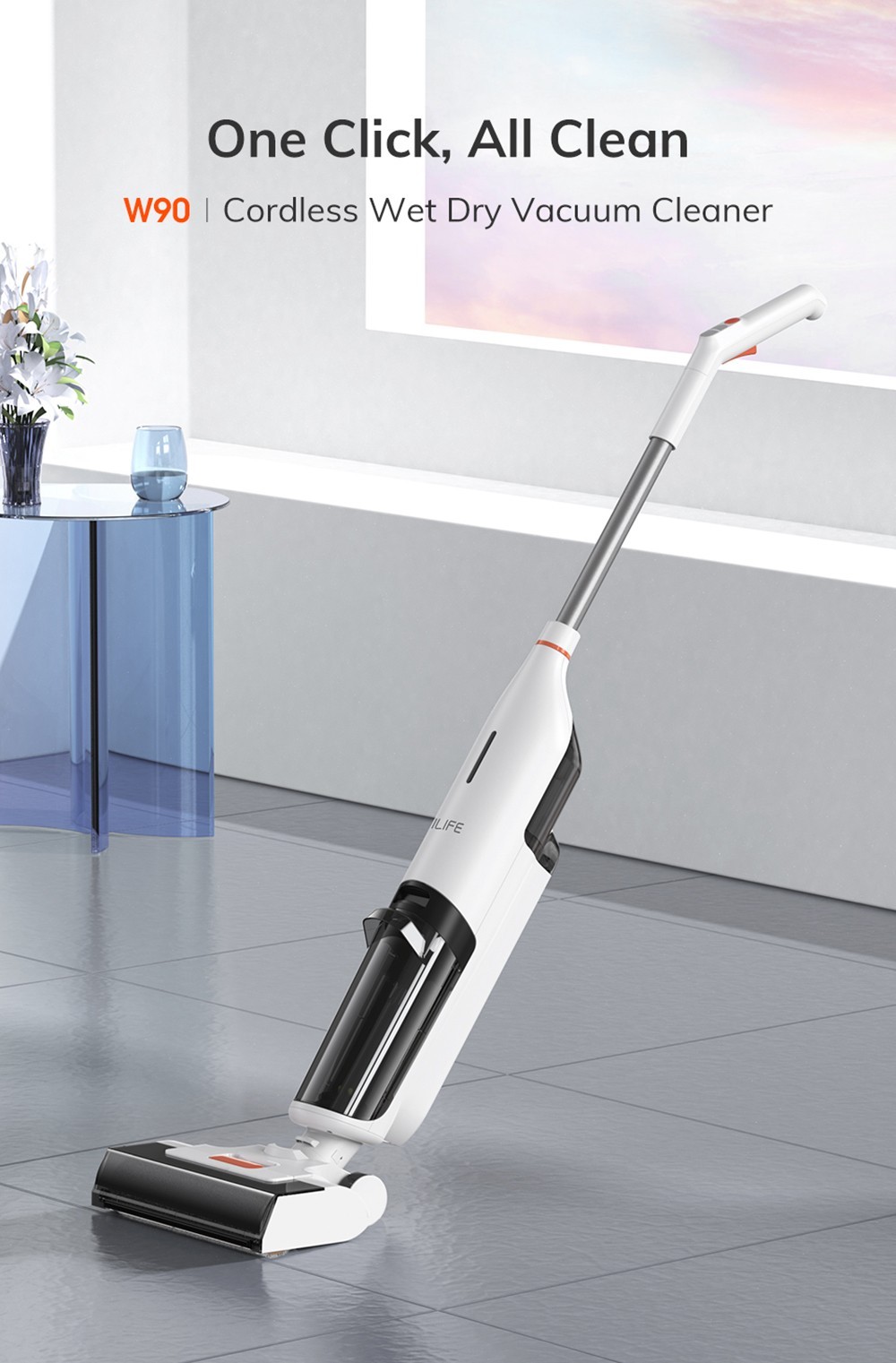 ILIFE W90 Kabelloser Nass-Trockensauger, 3-in-1-Staubsauger, Wischen und Waschen, Selbstreinigung, 700-ml-Wassertank, 30 Minuten Laufzeit
