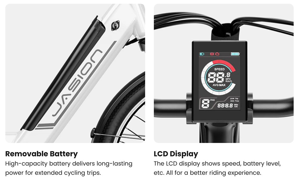 Elektrobicykel JASION EB5 Roamer ST, 500W motor, 48V 10AH batéria, 26*1.95-palcové pneumatiky, max. rýchlosť 25 km/h, dojazd 90 km, mechanické kotúčové brzdy, odpružená predná vidlica, 7-rýchlostný prevod Shimano - biely