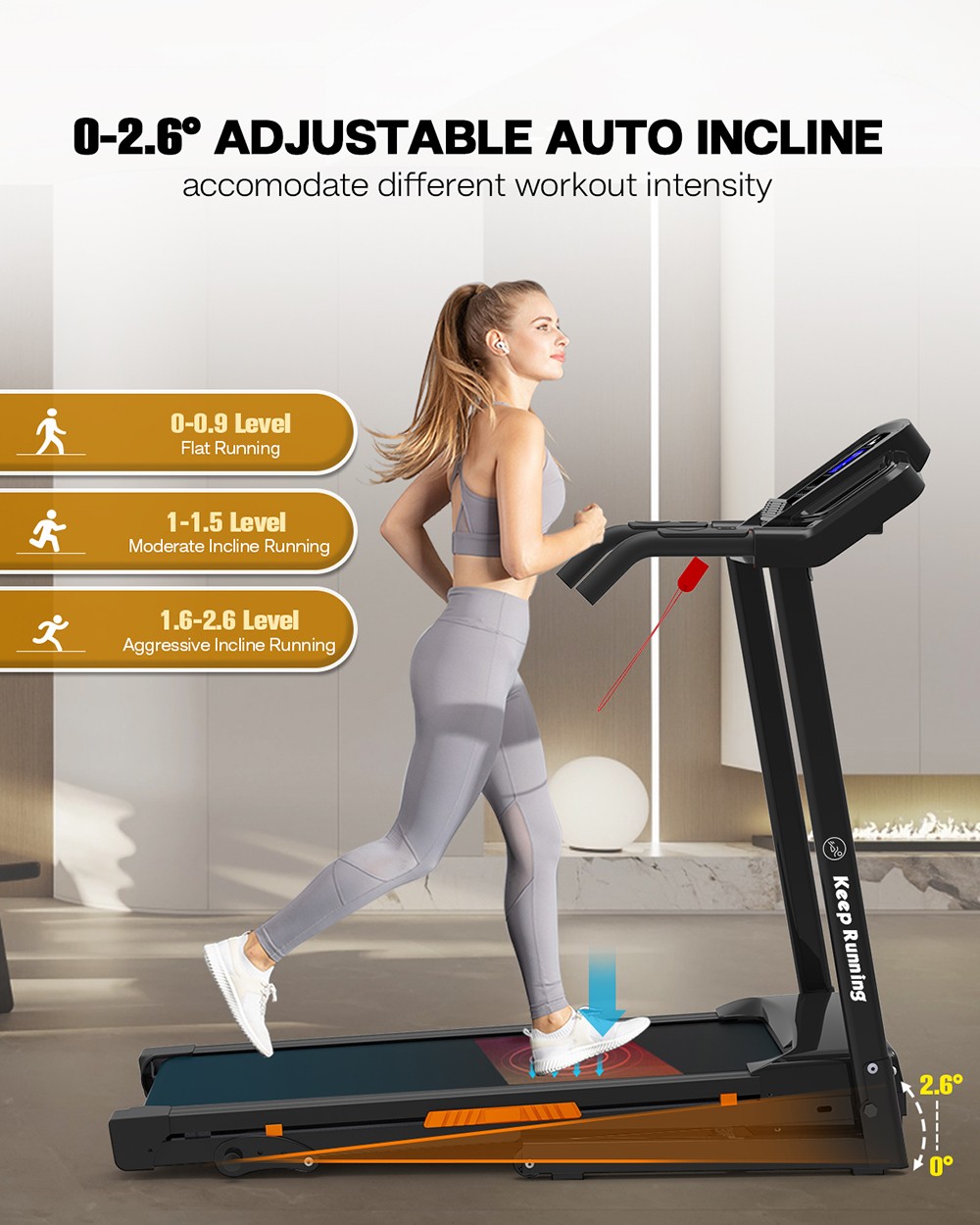 KRD-8806-4A-OR Treadmill, 3.5HP Powerful & Quiet Motor, 8.5Mph Max Speed, 12 Preset Programs, LED Display, Hydraulic-Folding - Orange