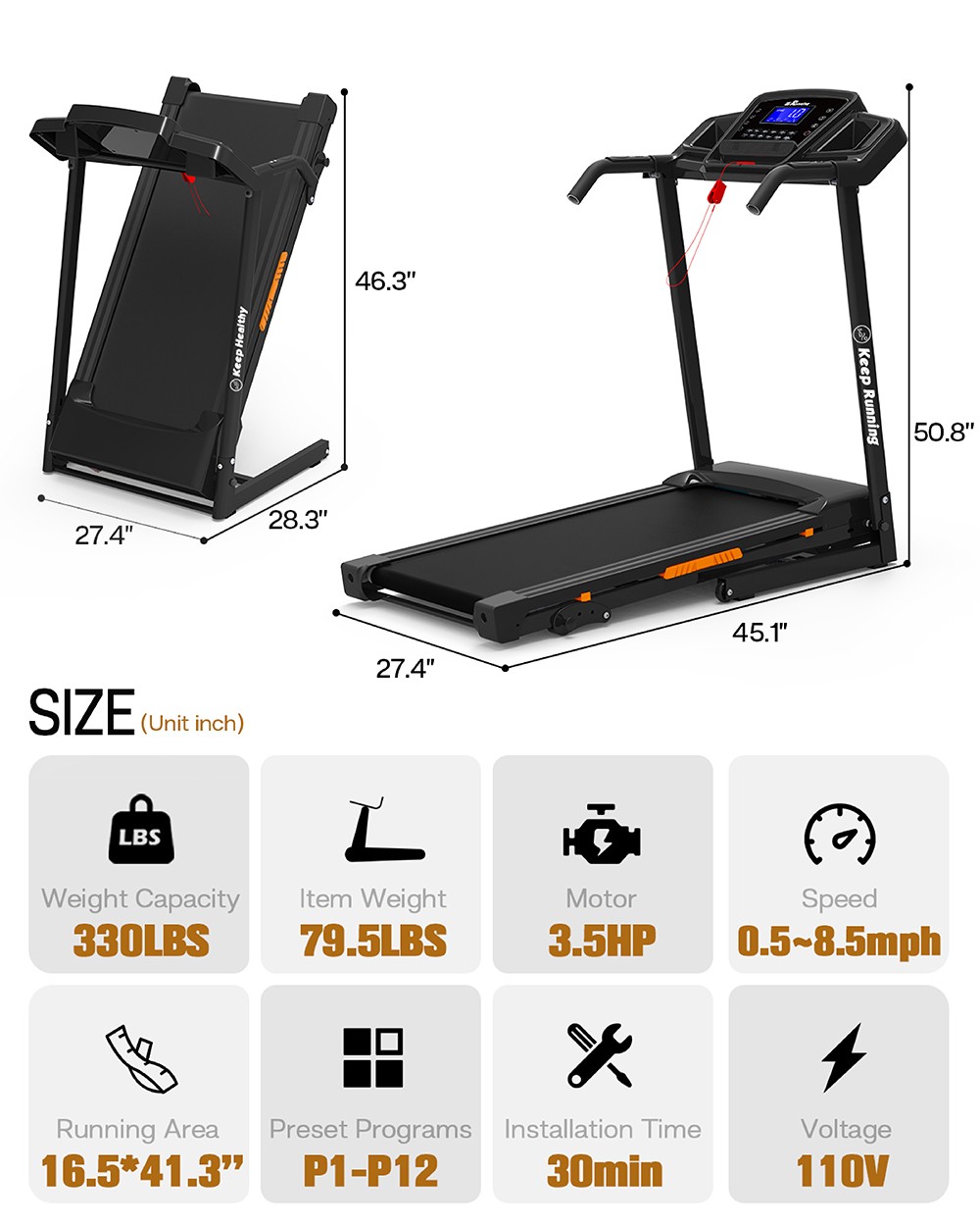 KRD-8806-4A-OR Treadmill, 3.5HP Powerful & Quiet Motor, 8.5Mph Max Speed, 12 Preset Programs, LED Display, Hydraulic-Folding - Orange