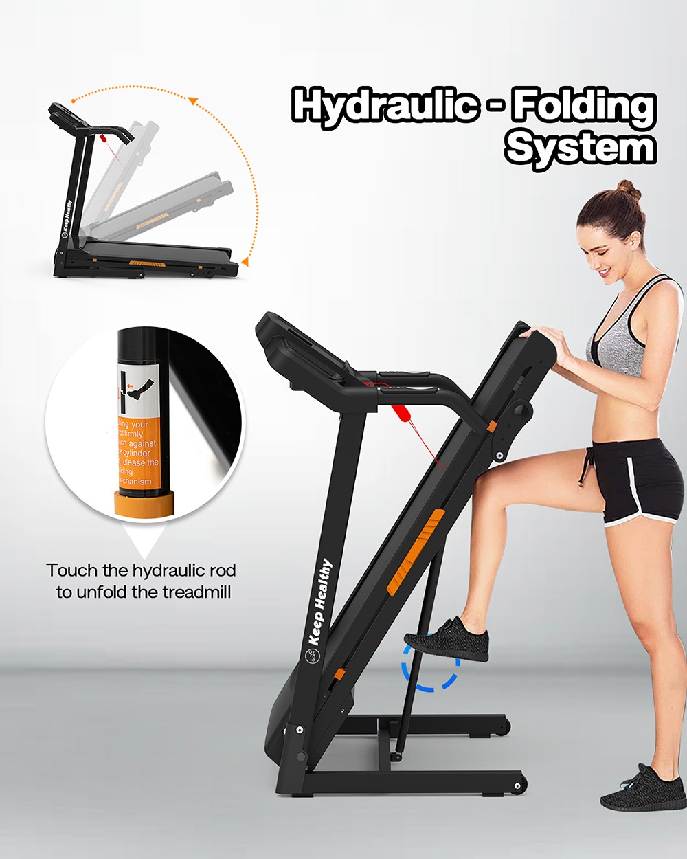 KRD-8806-4A-OR Treadmill, 3.5HP Powerful & Quiet Motor, 8.5Mph Max Speed, 12 Preset Programs, LED Display, Hydraulic-Folding - Orange