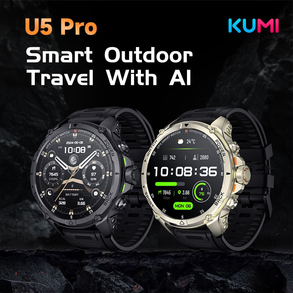 KUMI U5 Pro Smartwatch, 1.43-inch AMOLED Screen, ChatGPT, 170+ Sports Modes, 5ATM Waterproof, Blood Oxygen & Heart Rate & Sleep Monitoring - Black