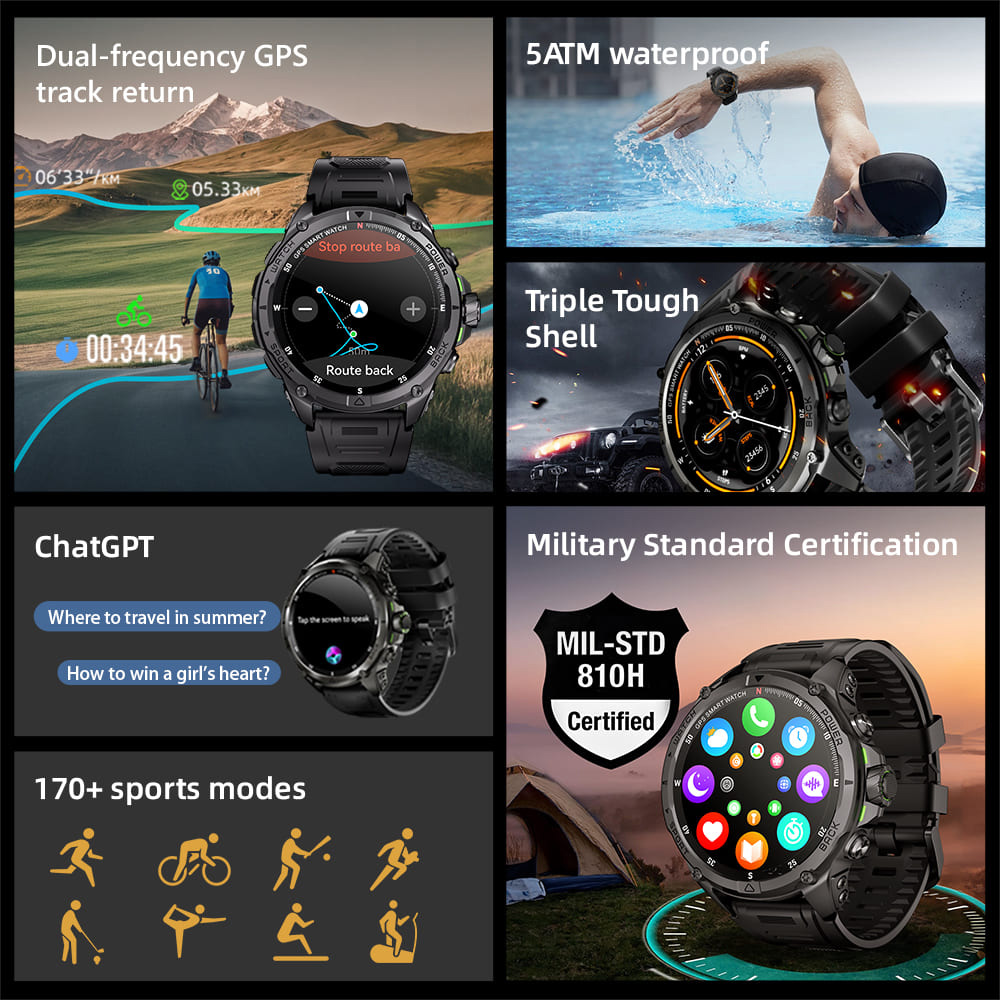 KUMI U5 Pro Smartwatch, 1.43-inch AMOLED Screen, ChatGPT, 170+ Sports Modes, 5ATM Waterproof, Blood Oxygen & Heart Rate & Sleep Monitoring - Black