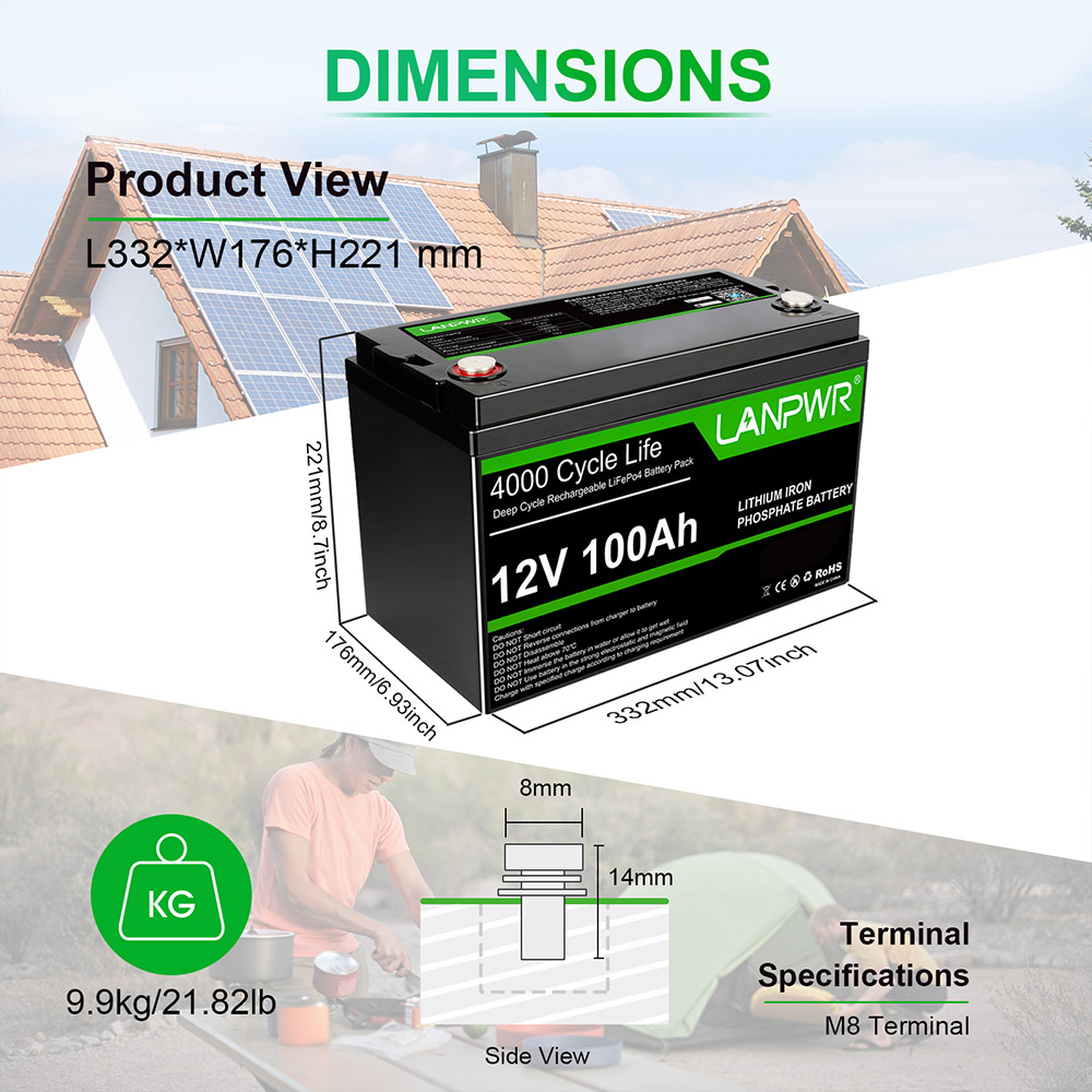 LANPWR 12V 100Ah LiFePO4 Battery Pack, energia 1280Wh, s 4000+ hlbokými cyklami & vstavaný 100A BMS, s Bluetooth