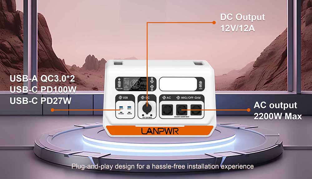 Refurbished LANPWR 2200PRO Portable Power Station, with On-grid Inverter, Support 200W/400W/600W/800W, 2200W Max. AC Output - EU Plug