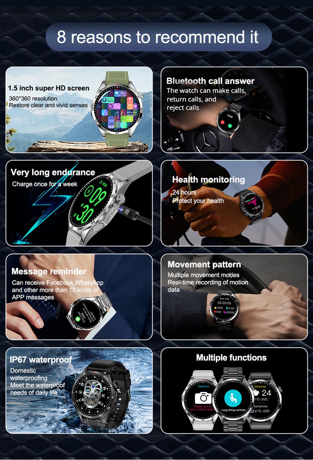 LEMFO GTS4 Smartwatch, 1.5-inch Screen, Bluetooth Calling, Message Reminder, Health Monitoring, IP67 Waterproof - Silver, Silicone Watchband