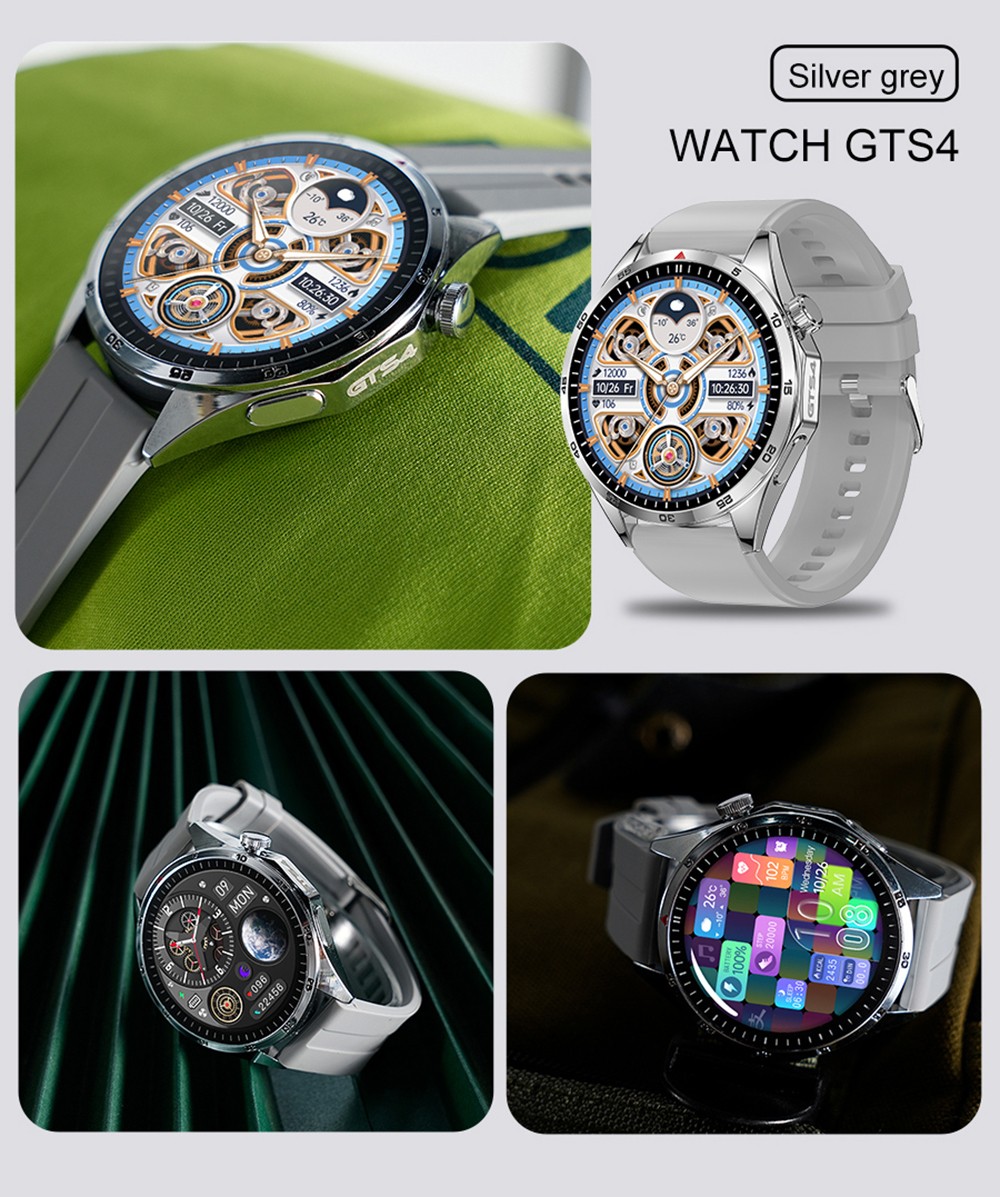 LEMFO GTS4 Smartwatch, 1.5-inch Screen, Bluetooth Calling, Message Reminder, Health Monitoring, IP67 Waterproof - Silver, Silicone Watchband