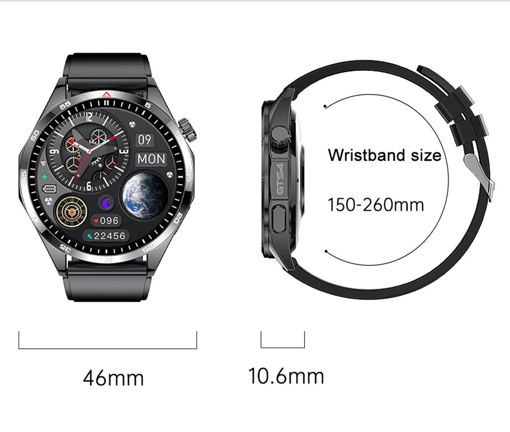 LEMFO GTS4 Smartwatch, 1.5-inch Screen, Bluetooth Calling, Message Reminder, Health Monitoring, IP67 Waterproof - Silver, Silicone Watchband