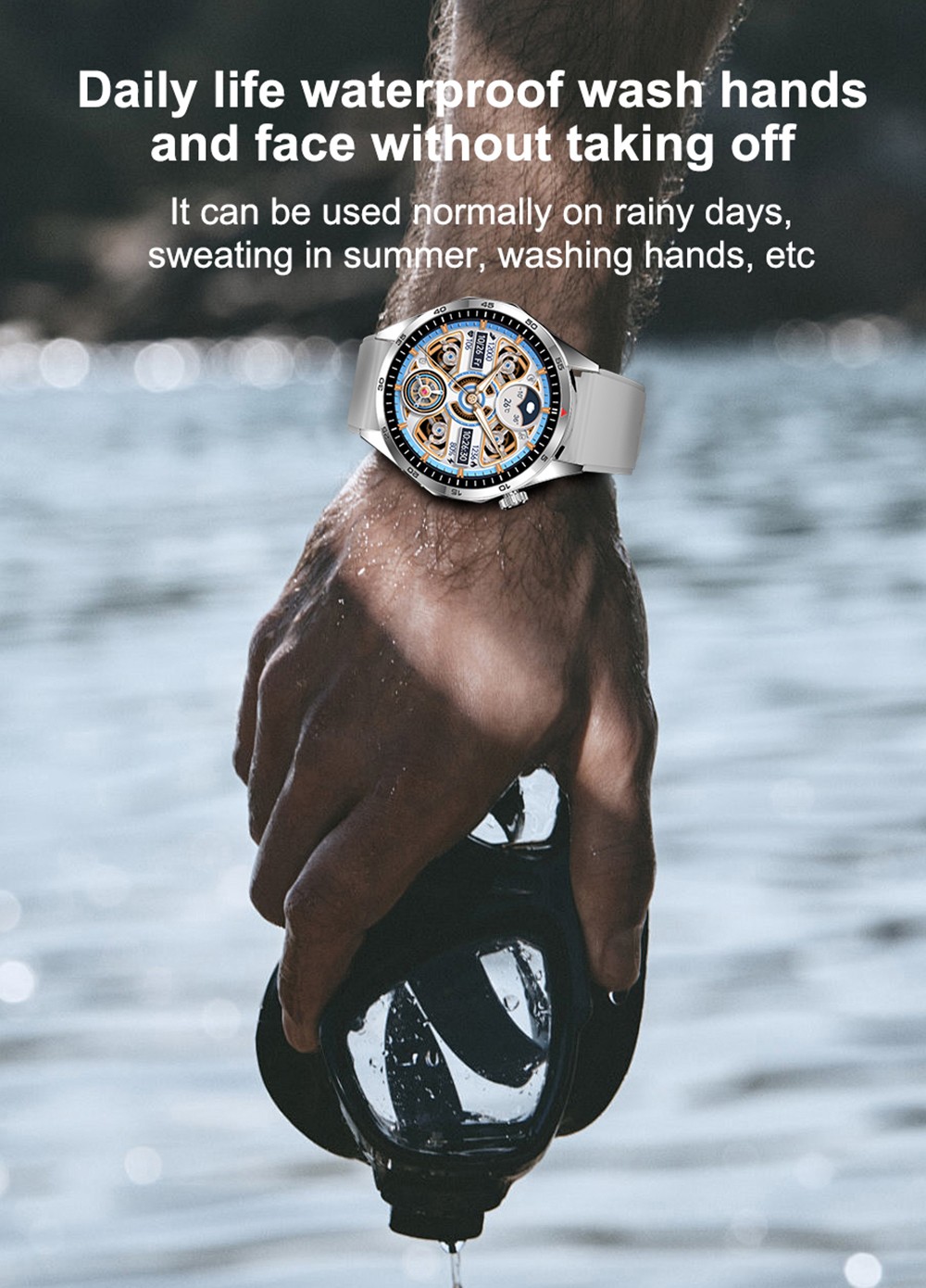 LEMFO GTS4 Smartwatch, 1.5-inch Screen, Bluetooth Calling, Message Reminder, Health Monitoring, IP67 Waterproof - Silver, Silicone Watchband