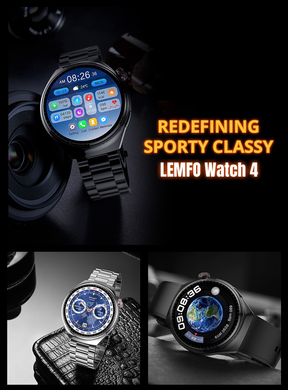 LEMFO LF38 Smartwatch, 1.6-inch IPS HD Screen, 60Hz Refresh Rate, Bluetooth Calling, Health Monitoring, 100+ Sports Modes, Voice Assistant - Black, Silicone Watchband