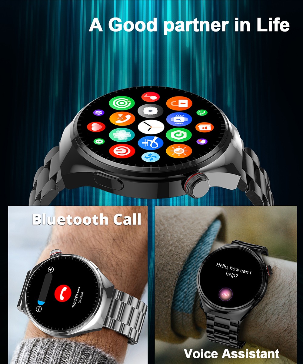 LEMFO LF38 Smartwatch, 1.6-inch IPS HD Screen, 60Hz Refresh Rate, Bluetooth Calling, Health Monitoring, 100+ Sports Modes, Voice Assistant - Black, Steel Watchband