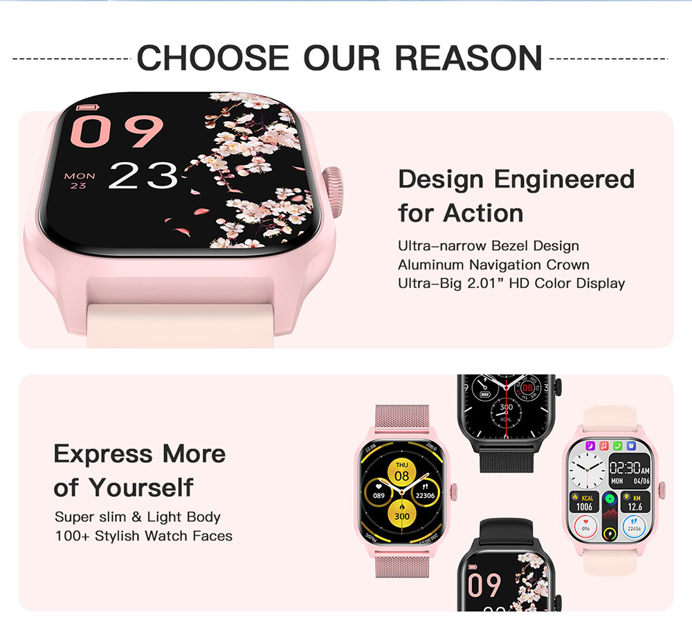 LEMFO LT10 Smartwatch, 2.01-inch Touchscreen, Health & Sleep Monitoring, Bluetooth Calling, 100+ Workout Modes, Intelligent Al Voice Assistant, IP67 Waterproof - Pink