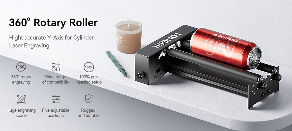 LONGER Laser Engraver Y-axis Rotary Roller, 360&deg; Rotation, Adjustable 6-300mm Diameters