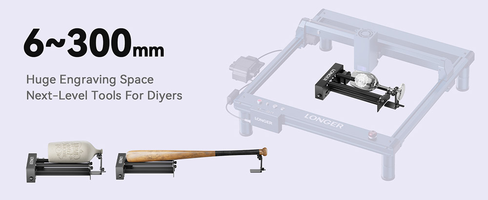 LONGER Laser Engraver Y-axis Rotary Roller with Bracket, 360&deg; Rotation, Adjustable 6-300mm Diameters