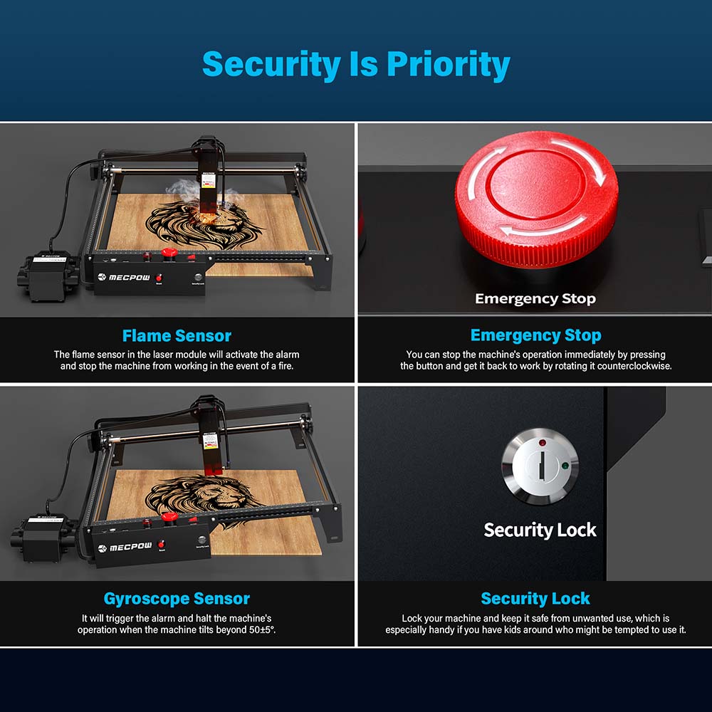 Mecpow X3 Pro 10W Laser Engraving Machine with Adjustable Air Assist, Safety Lock, Emergency Stop, Flame Detection - US Plug