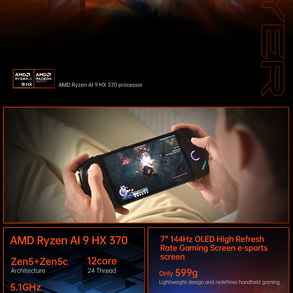ONE Netbook OneXFly F1 Pro vrecková herná konzola, 7'' 1920*1080 OLED obrazovka, AMD Ryzen AI 9 HX 370 CPU 12 Core Max 5,1 GHz, 144 Hz obnovovacia frekvencia, 32 GB LPDDR5x RAM 2 TB PCle 4.0B Sound System, SSD Harman*C, SSD 1 * USB-A 3.0, 1 * Slot pre kartu TF, 1 * Zvuk