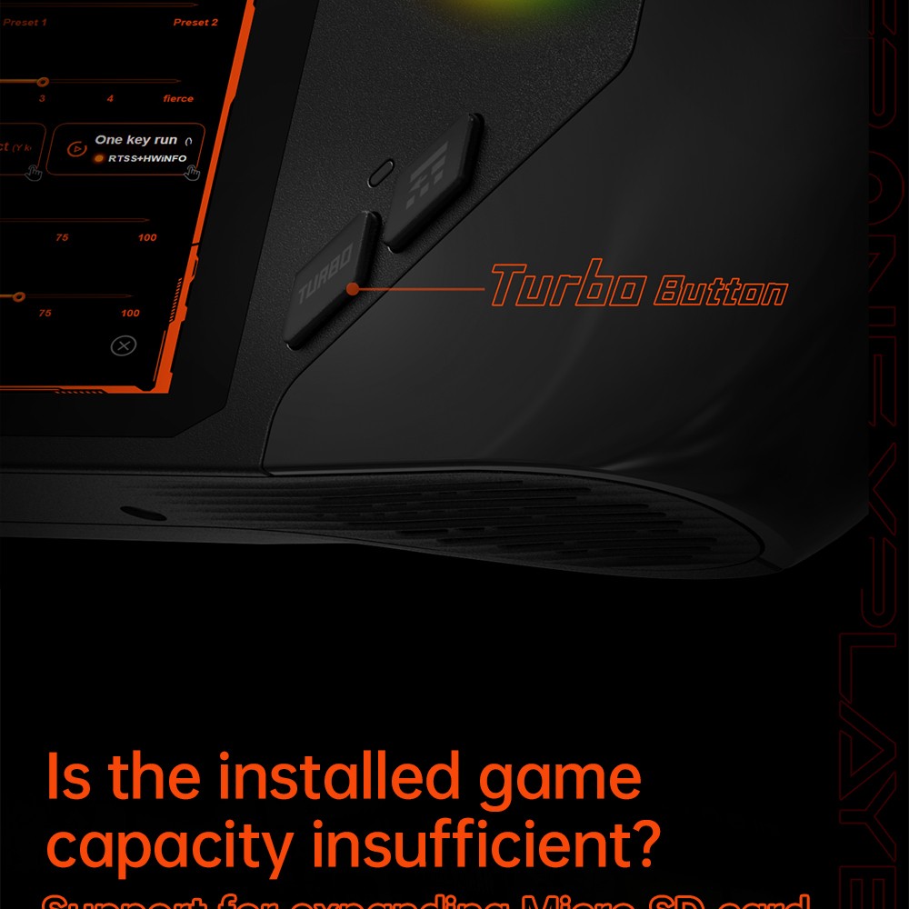 ONE Netbook OneXFly F1 Pro vrecková herná konzola, 7'' 1920*1080 OLED obrazovka, AMD Ryzen AI 9 HX 370 CPU 12 Core Max 5,1 GHz, 144 Hz obnovovacia frekvencia, 32 GB LPDDR5x RAM 2 TB PCle 4.0B Sound System, SSD Harman*C, SSD 1 * USB-A 3.0, 1 * Slot pre kartu TF, 1 * Zvuk