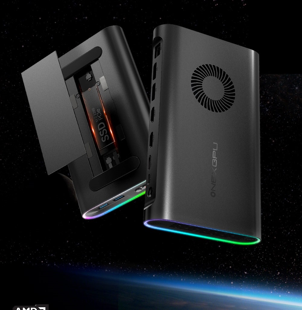 Refurbished One Netbook ONEXGPU e-GPU Dock with AMD Radeon RX 7600M XT GPU, 8GB Storage, 1*Oculink 1*USB-C 4.0 2*HDMI 2*DP 2*USB-A 3.2 1*M.2 2280 1*RJ45, 100W Reverse Charging, RGB Light Effects