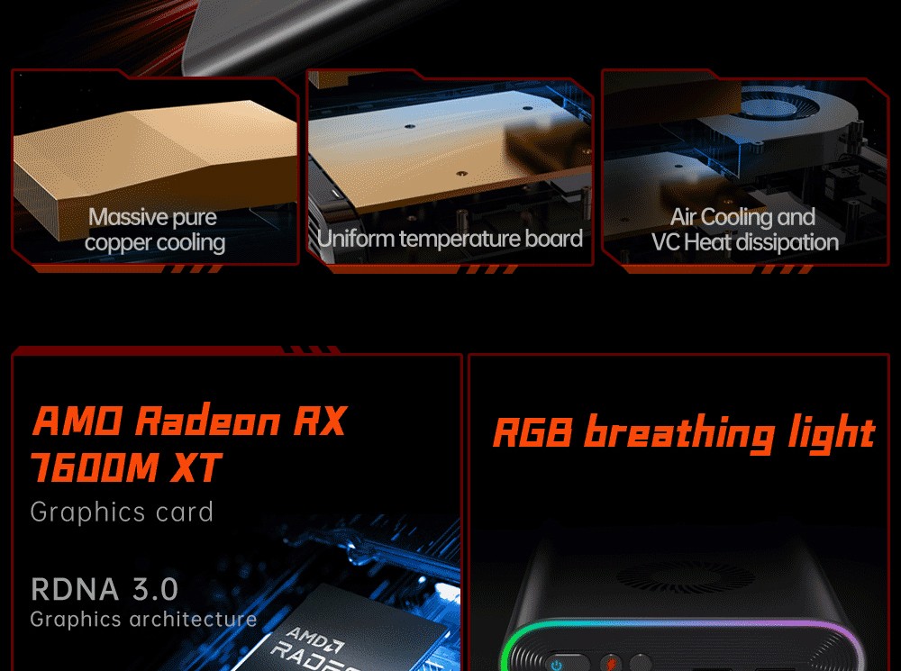 Refurbished One Netbook ONEXGPU e-GPU Dock with AMD Radeon RX 7600M XT GPU, 8GB Storage, 1*Oculink 1*USB-C 4.0 2*HDMI 2*DP 2*USB-A 3.2 1*M.2 2280 1*RJ45, 100W Reverse Charging, RGB Light Effects