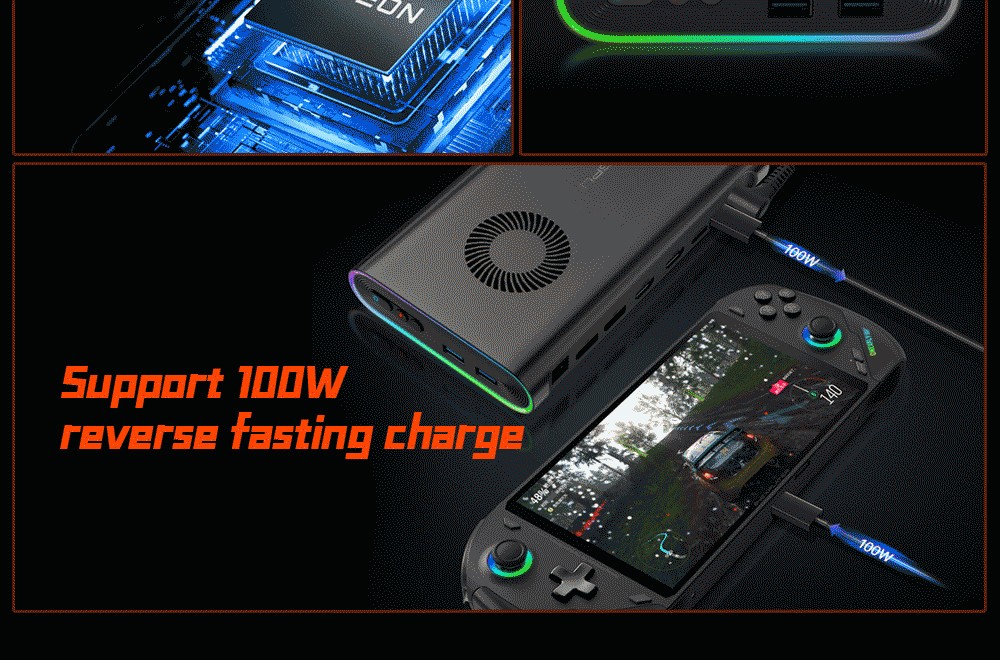 Refurbished One Netbook ONEXGPU e-GPU Dock with AMD Radeon RX 7600M XT GPU, 8GB Storage, 1*Oculink 1*USB-C 4.0 2*HDMI 2*DP 2*USB-A 3.2 1*M.2 2280 1*RJ45, 100W Reverse Charging, RGB Light Effects