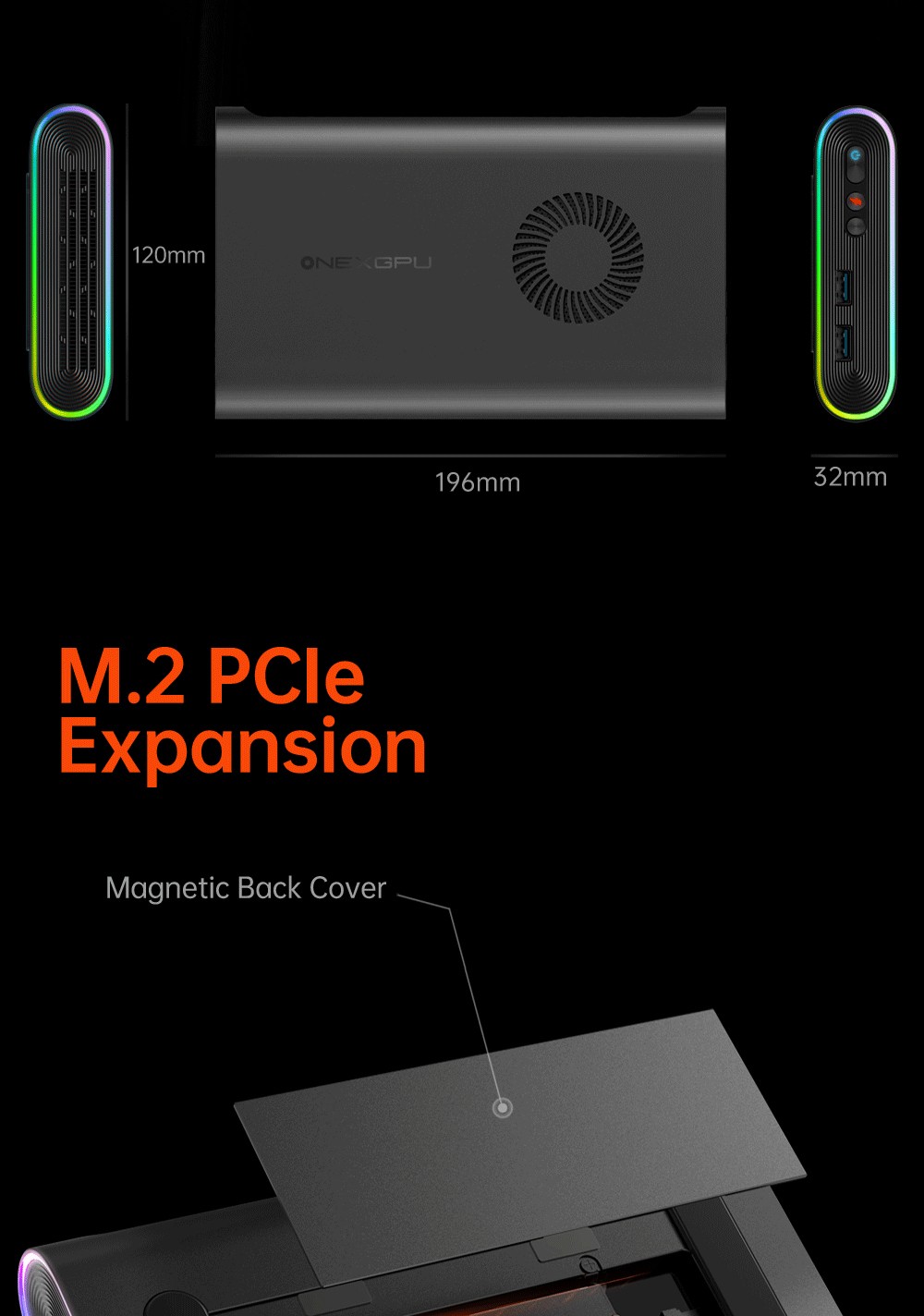 Refurbished One Netbook ONEXGPU e-GPU Dock with AMD Radeon RX 7600M XT GPU, 8GB Storage, 1*Oculink 1*USB-C 4.0 2*HDMI 2*DP 2*USB-A 3.2 1*M.2 2280 1*RJ45, 100W Reverse Charging, RGB Light Effects