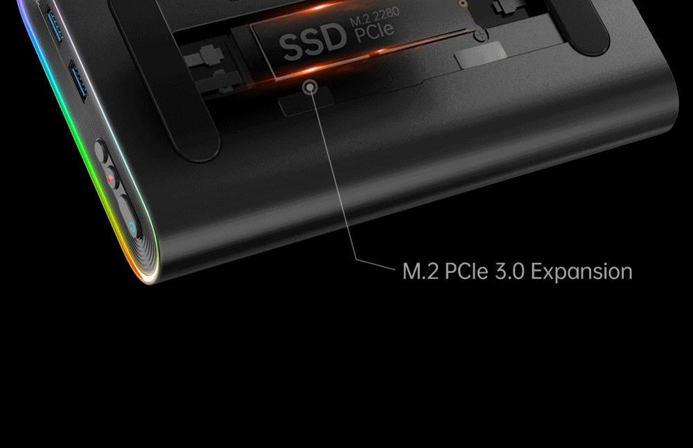 Refurbished One Netbook ONEXGPU e-GPU Dock with AMD Radeon RX 7600M XT GPU, 8GB Storage, 1*Oculink 1*USB-C 4.0 2*HDMI 2*DP 2*USB-A 3.2 1*M.2 2280 1*RJ45, 100W Reverse Charging, RGB Light Effects