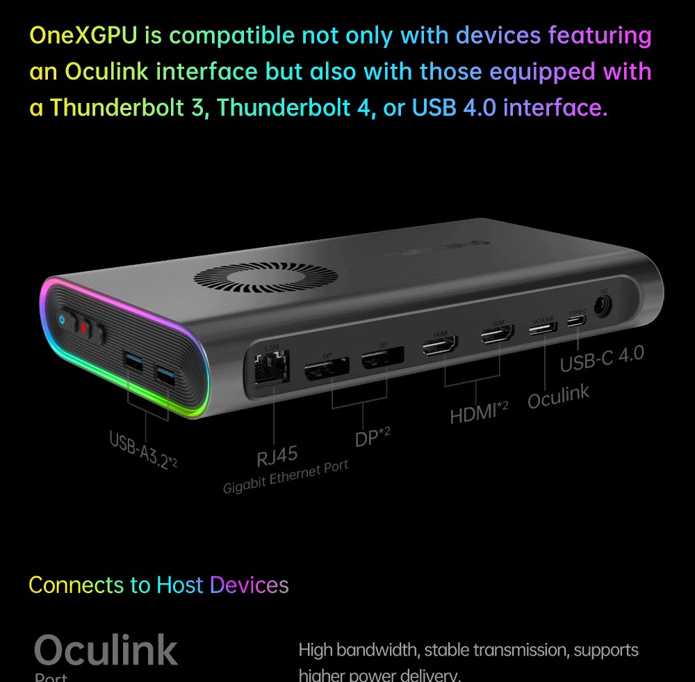 Refurbished One Netbook ONEXGPU e-GPU Dock with AMD Radeon RX 7600M XT GPU, 8GB Storage, 1*Oculink 1*USB-C 4.0 2*HDMI 2*DP 2*USB-A 3.2 1*M.2 2280 1*RJ45, 100W Reverse Charging, RGB Light Effects