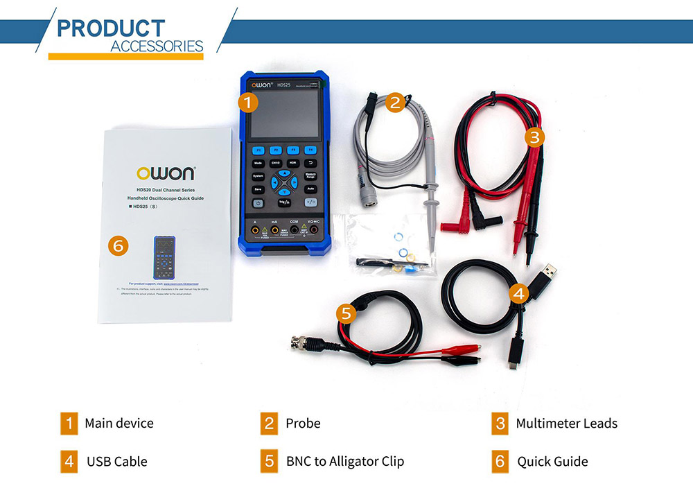 OWON HDS25S 3-in-1 Digital Multimeter (2-CH Oscilloscope+1-CH Generator), 25MHz, 250MSa/s - AU Plug