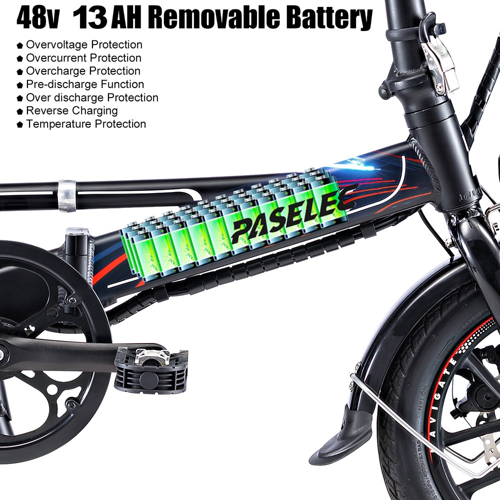 PASELEC Mini skladací elektrický bicykel, 400W motor, 48V 13AH batéria, 14*1.95-palcové pneumatiky, max. rýchlosť 40 km/h, dojazd 60 km, mechanické kotúčové brzdy, predná vidlica z hliníkovej zliatiny, LED displej - sivá