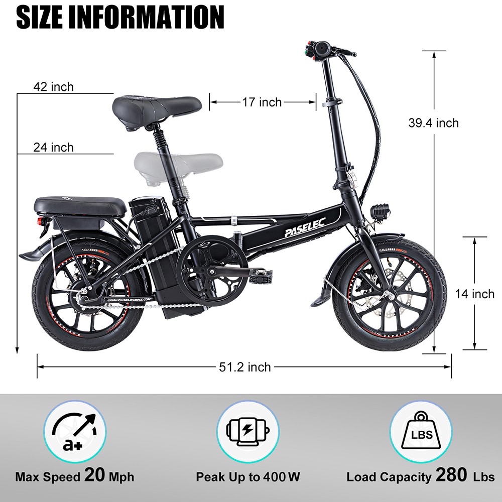 PASELEC Mini skladací elektrický bicykel, 400W motor, 48V 13AH batéria, 14*1.95-palcové pneumatiky, max. rýchlosť 40 km/h, dojazd 60 km, mechanické kotúčové brzdy, predná vidlica z hliníkovej zliatiny, LED displej - sivá