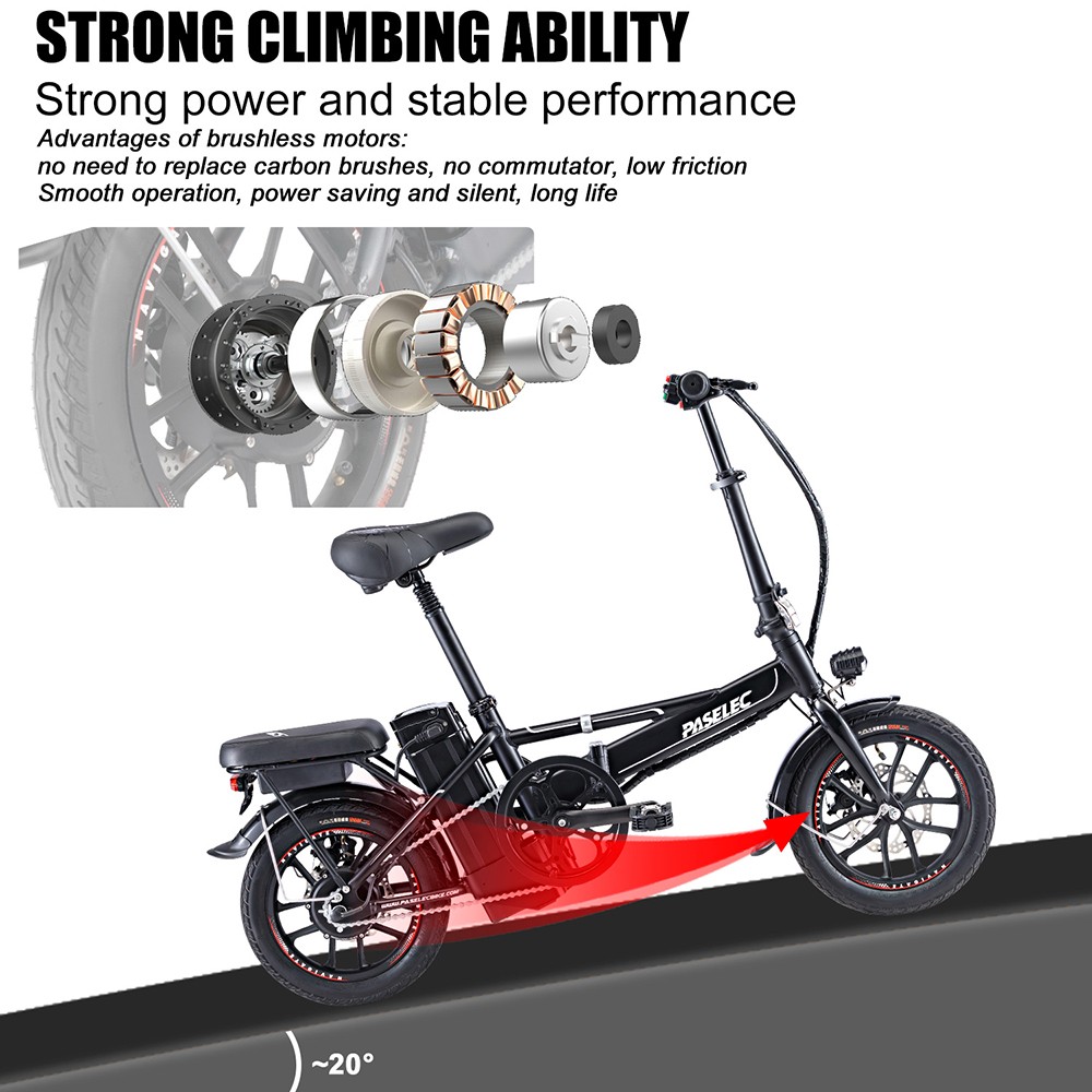 PASELEC Mini skladací elektrický bicykel, 400W motor, 48V 13AH batéria, 14*1.95-palcové pneumatiky, max. rýchlosť 40 km/h, dojazd 60 km, mechanické kotúčové brzdy, predná vidlica z hliníkovej zliatiny, LED displej - sivá