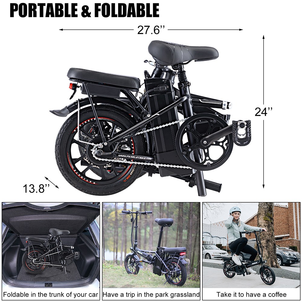 PASELEC Mini skladací elektrický bicykel, 400W motor, 48V 13AH batéria, 14*1,95-palcové pneumatiky, max. rýchlosť 40 km/h, dojazd 60 km, mechanické kotúčové brzdy, predná vidlica z hliníkovej zliatiny, LED displej - sivá