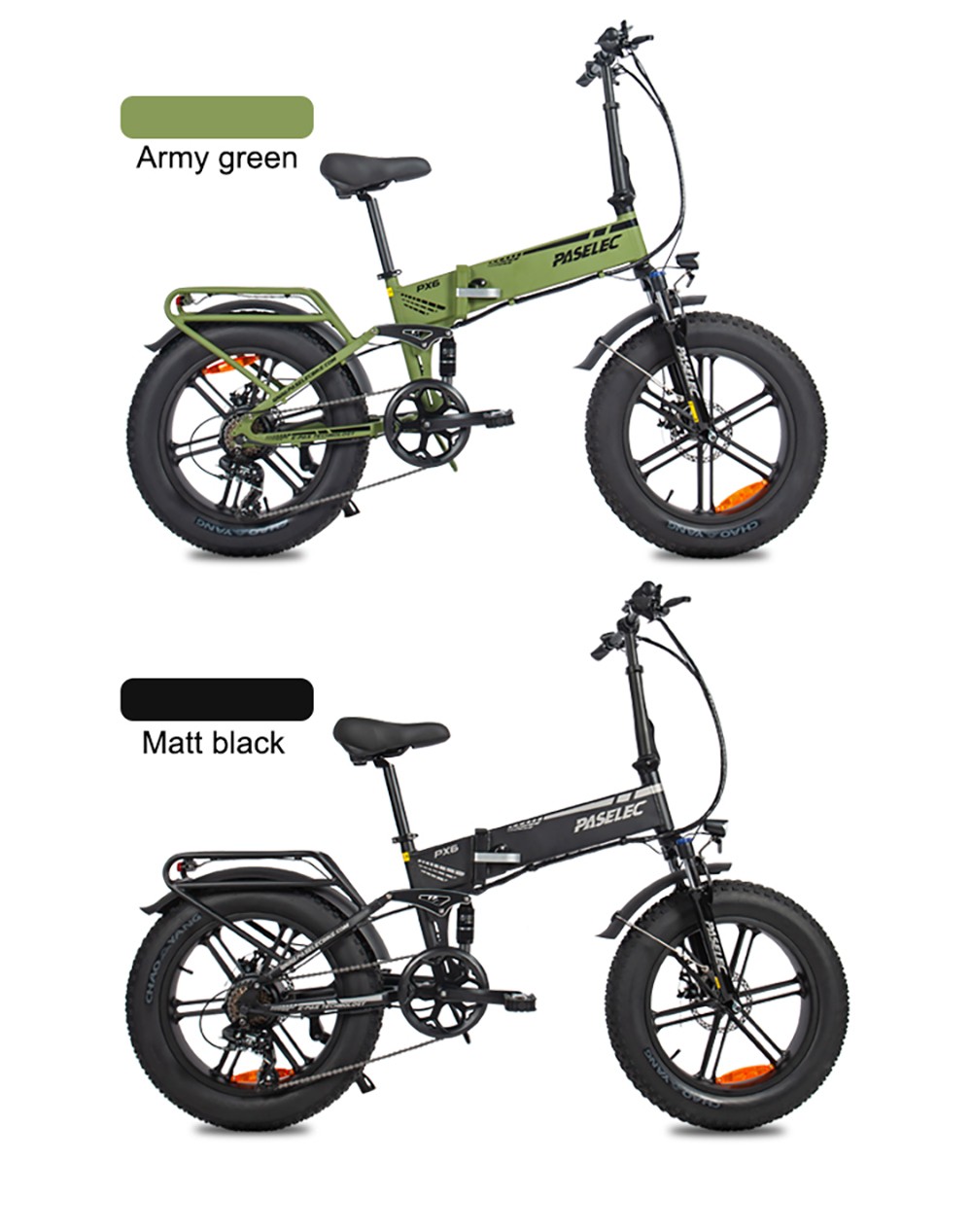 Elektrobicykel PASELEC PX6, 750W motor, 48V 13Ah batéria, 20*4.0-palcové tukové pneumatiky, max. rýchlosť 45 km/h, dojazd 70 km, mechanické kotúčové brzdy, uzamykateľný tlmič prednej vidlice, 7-rýchlostný prevod Shimano - čierny