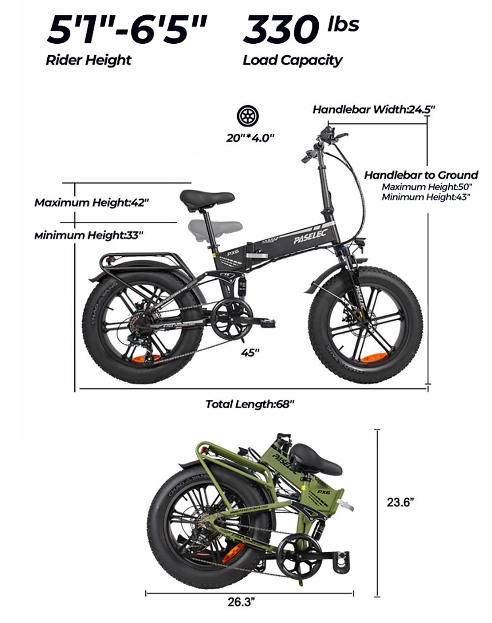 PASELEC PX6 Electric Bike, 750W Motor, 48V 13Ah Battery, 20*4.0-palcové tukové pneumatiky, max. rýchlosť 45 km/h, dojazd 70 km, mechanické kotúčové brzdy, uzamykateľný tlmič prednej vidlice, 7-rýchlostný prevod Shimano - čierny