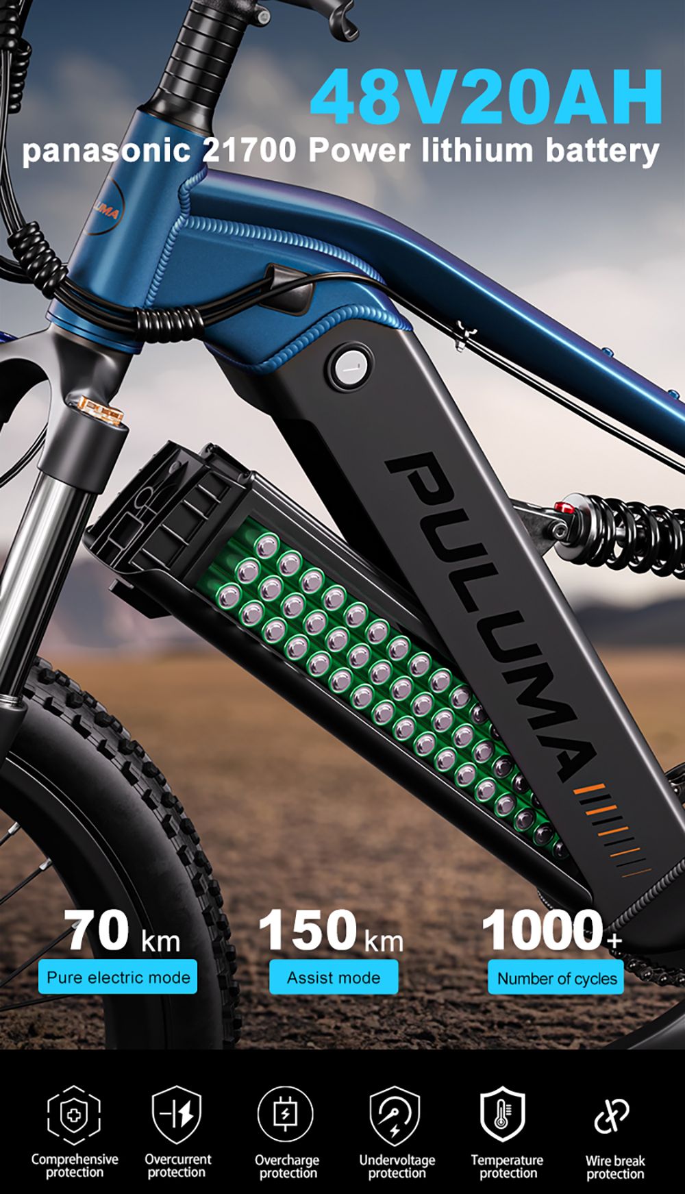 PULUMA PH001 Elektrobicykel, 500W motor, 48V 20AH batéria, 27,5*2.8-palcové pneumatiky, max. rýchlosť 40 km/h, dojazd 150 km, hydraulické olejové brzdy, tlmičová vidlica, 9-rýchlostná prehadzovačka, LCD displej - čierno-modrý