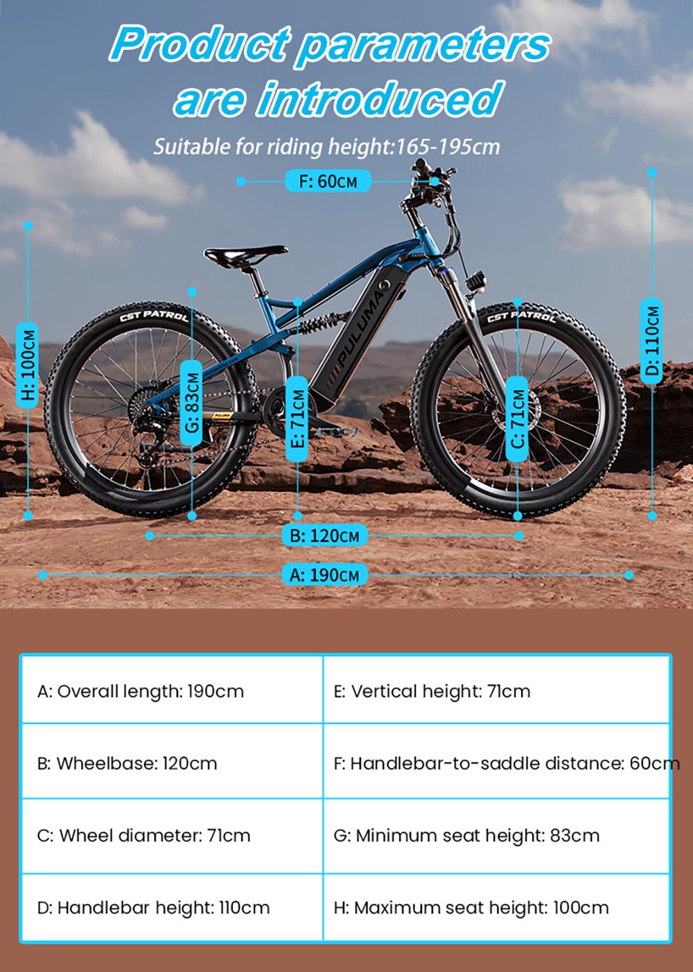 PULUMA PH001 Elektrobicykel, 500W motor, 48V 20AH batéria, 27,5*2,8-palcové pneumatiky, max. rýchlosť 40 km/h, dojazd 150 km, hydraulické olejové brzdy, tlmičová vidlica, 9-rýchlostná prehadzovačka, LCD displej - čierno modrý