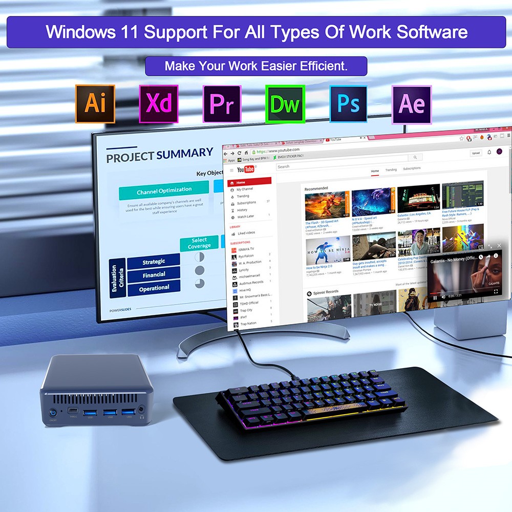 RUPA HSI-100 Mini PC, Intel N100 4 Cores Max 3.4GHz, 8GB RAM 256GB SSD, 3*HDMI 4K 60Hz Triple Screen Display, WiFi 6 Bluetooth 5.2, 3*USB 3.0, 1*Type-C, 1*RJ45, 1* 3.5mm Audio