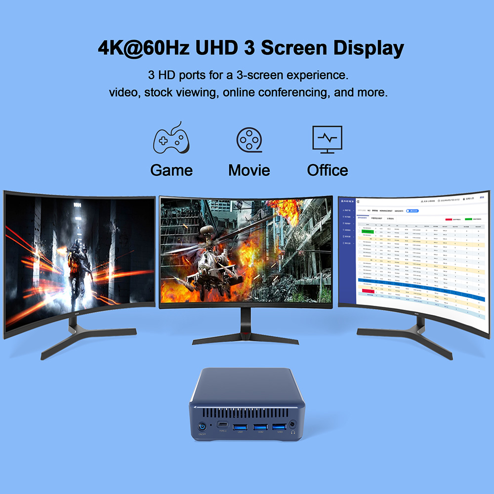 RUPA HSI-100 Mini PC, Intel N100 4 Cores Max 3.4GHz, 8GB RAM 256GB SSD, 3*HDMI 4K 60Hz Triple Screen Display, WiFi 6 Bluetooth 5.2, 3*USB 3.0, 1*Type-C, 1*RJ45, 1* 3.5mm Audio