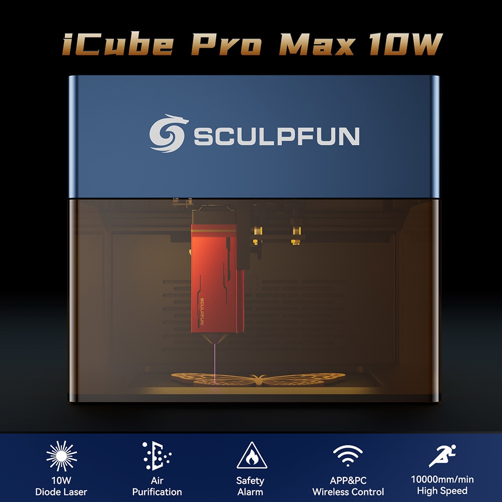 Sculpfun iCube Pro Max 10 W Lasergravierer, 0,08 mm Laserpunkt, 10000 mm/min Gravurgeschwindigkeit, 32-Bit-Motherboard, austauschbare Linse, Rauchfilter, Temperaturalarm, App-Verbindung, 120 x 120 mm