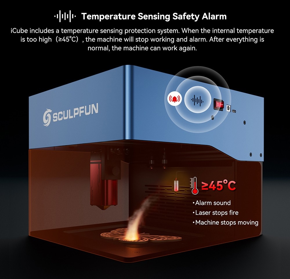 Sculpfun iCube Pro Max 10 W Lasergravierer, 0,08 mm Laserpunkt, 10000 mm/min Gravurgeschwindigkeit, 32-Bit-Motherboard, austauschbare Linse, Rauchfilter, Temperaturalarm, App-Verbindung, 120 x 120 mm